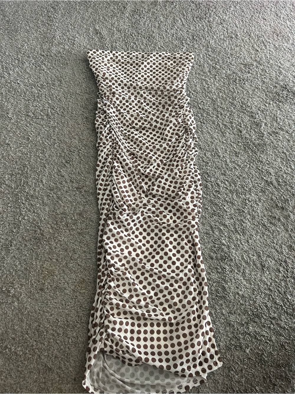 Strapless White Maxi Dress with Brown Polka Dots
